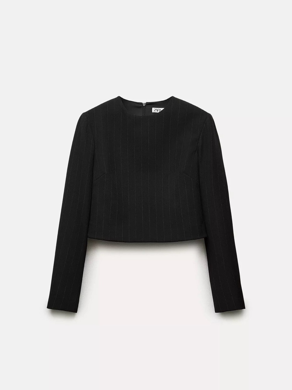 Zara Black Pinstripe Cropped Long Sleeve Top - Crew Neck